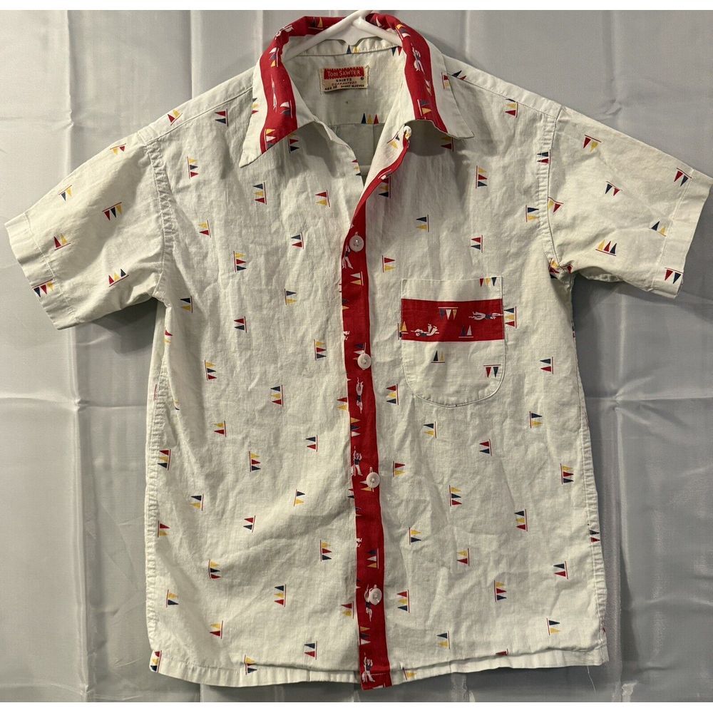 Vintage 40s 50s Boys Tom Sawyer Button Shirt White Red Age 12‎ EUC Retro 31" XS